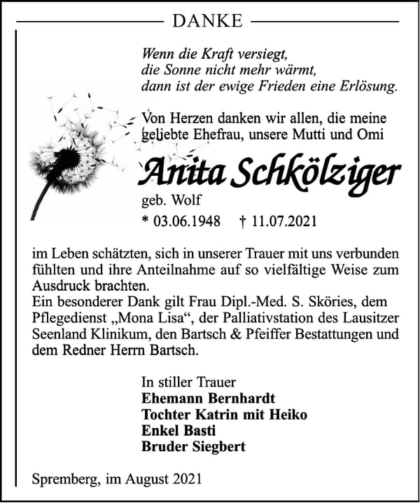 Danksagung Anita Schkölziger, geb. Wolf