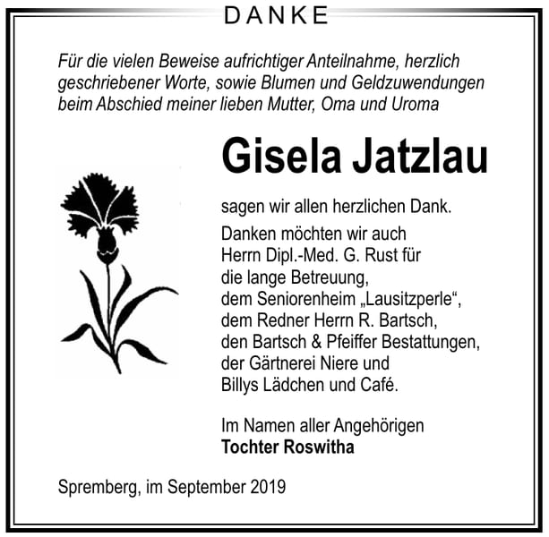 Danksagung Gisela Jatzlau