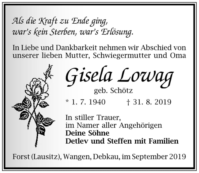 Traueranzeige Gisela Lowag, geb. Schötz