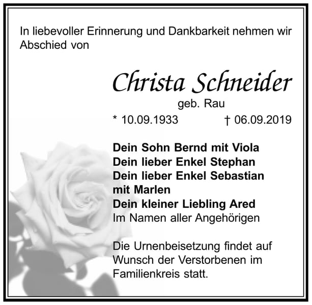 Traueranzeige Christa Schneider, geb. Rau