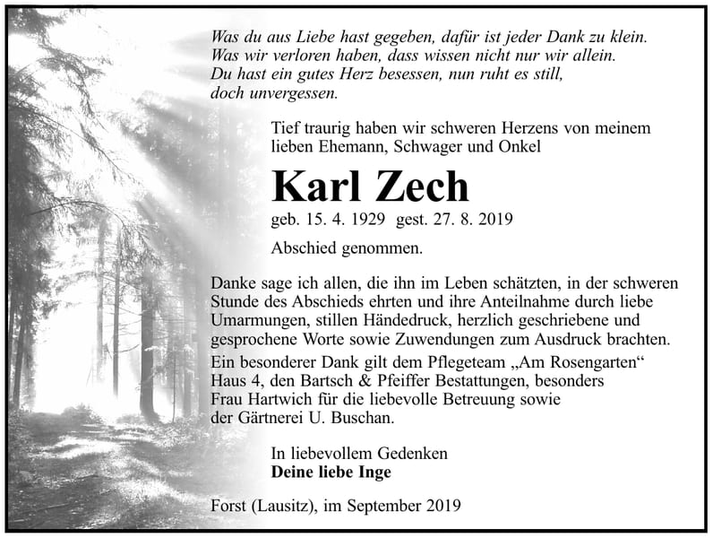 Traueranzeige Karl Zech