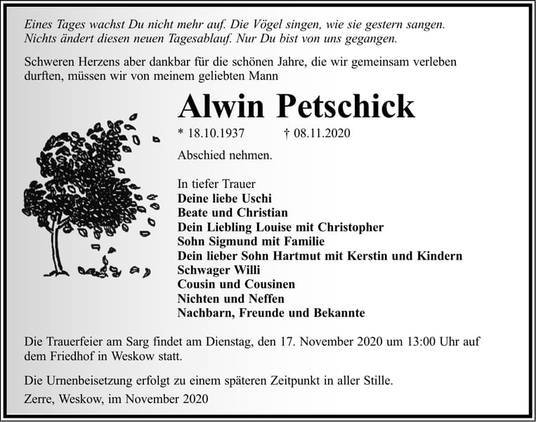 Traueranzeige Alwin Petschick