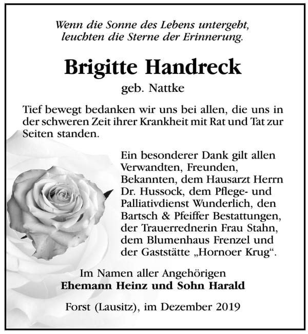 Danksagung Brigitte Handreck, geb. Nattke