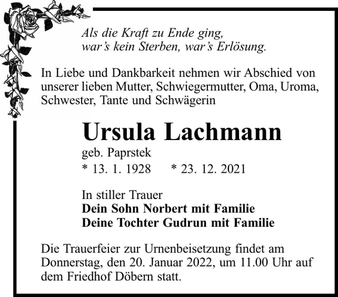 Traueranzeige Ursula Lachmann, geb. Paprstek