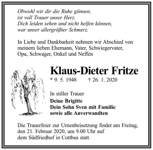 Traueranzeige Klaus-Dieter Fritze