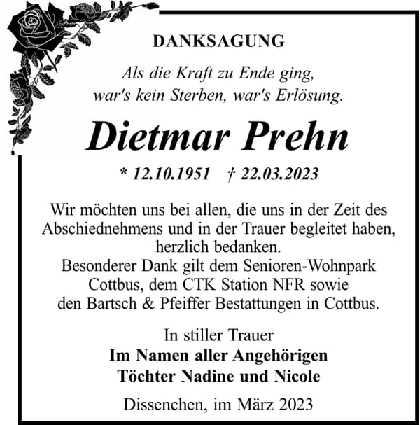 Danksagung Dietmar Prehn