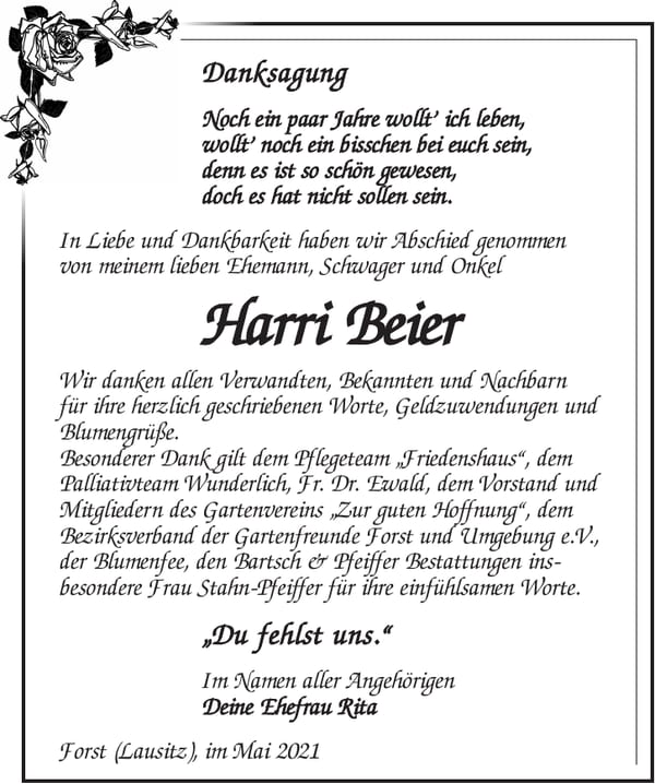 Danksagung Harri Beier