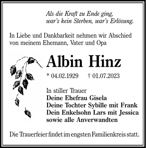Traueranzeige Albin Hinz