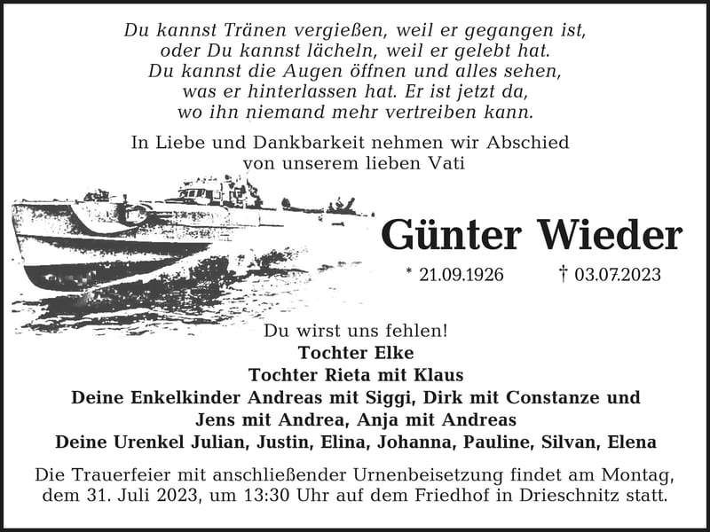 Traueranzeige Günter Wieder