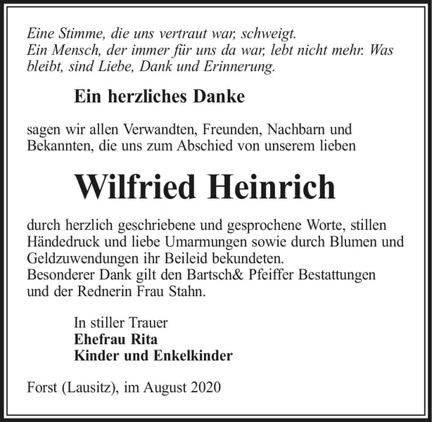 Danksagung Wilfried Heinrich