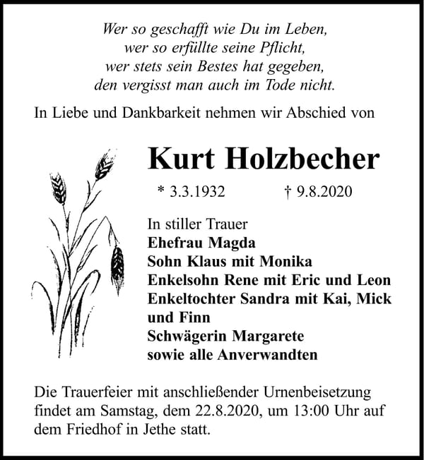 Traueranzeige Kurt Holzbecher