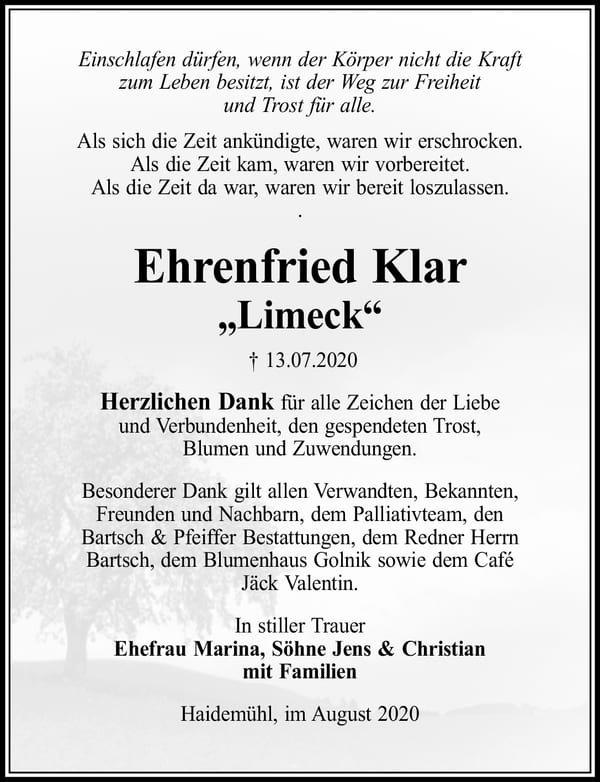 Danksagung Ehrenfried Klar „Limeck“