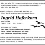 Traueranzeige Ingrid Haferkorn, geb. Ratthey