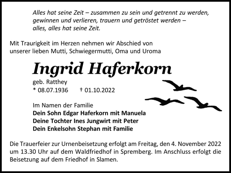 Traueranzeige Ingrid Haferkorn, geb. Ratthey
