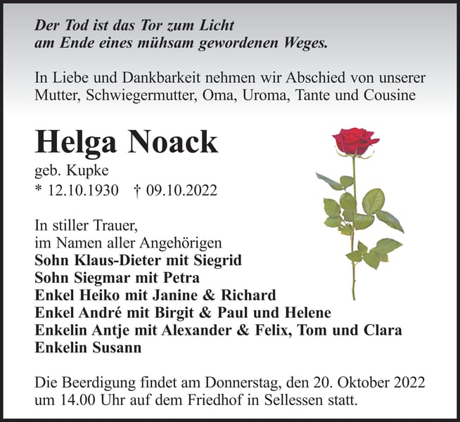 Traueranzeige Helga Noack, geb. Kupke