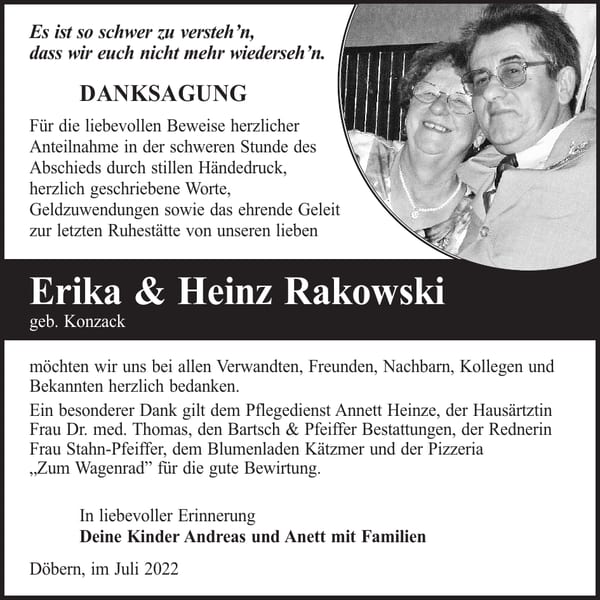 Danksagung Erika Rakowski, geb. Konzack und Heinz Rakowski