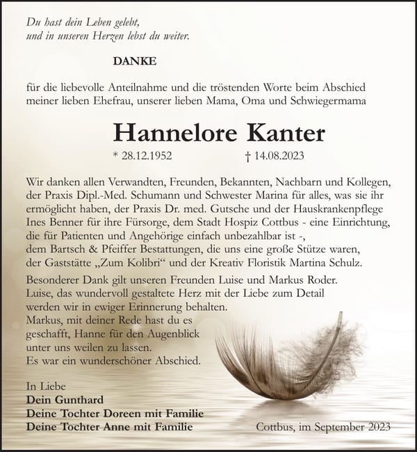 Danksagung Hannelore Kanter
