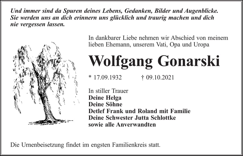 Traueranzeige Wolfgang Gonarski