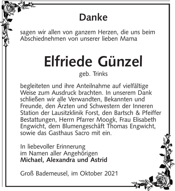Danksagung Elfriede Günzel, geb. Trinks