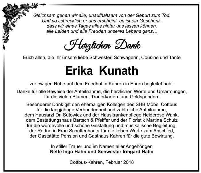 Traueranzeige Erika Kunath