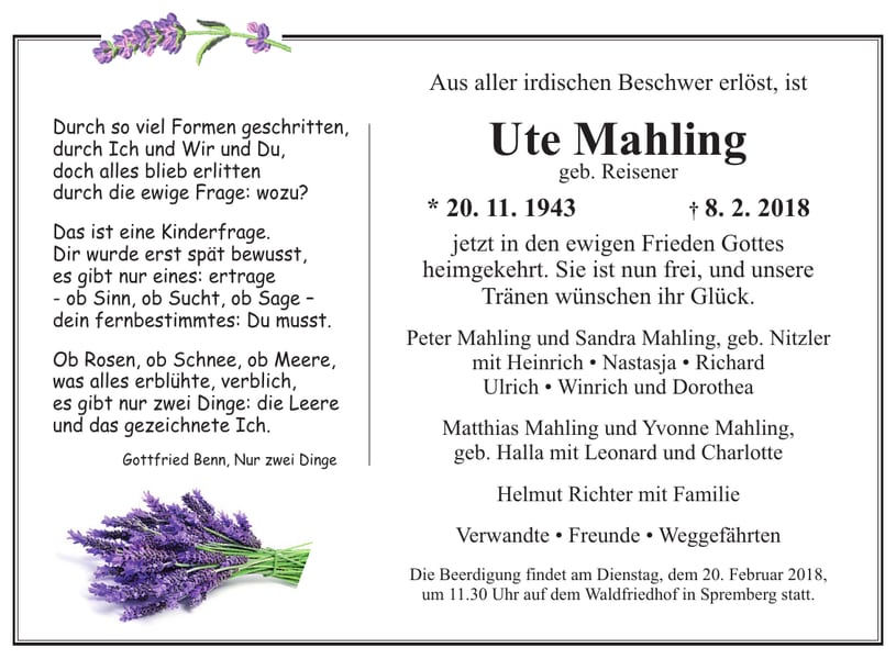 Traueranzeige Ute Mahling, geb. Reisener