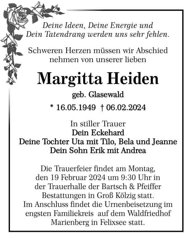 Traueranzeige Margitta Heiden, geb. Glasewald