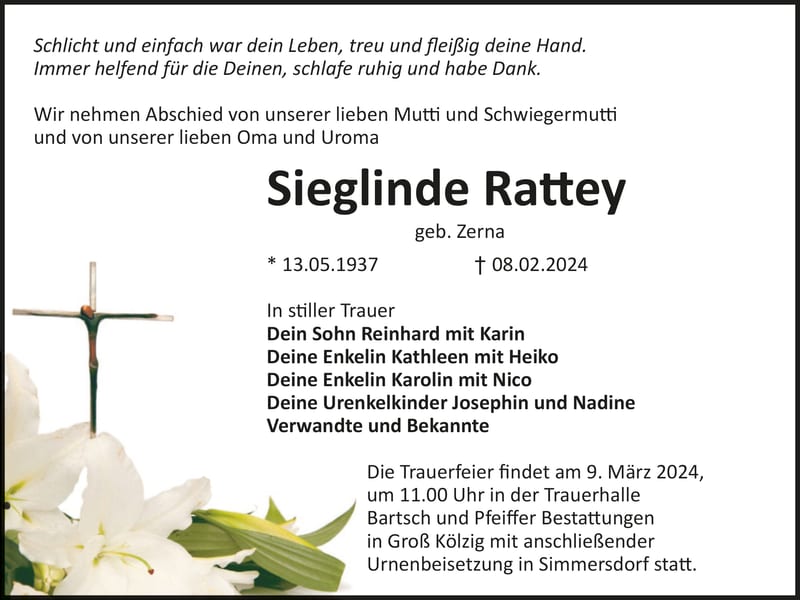 Traueranzeige Sieglinde Rattey, geb. Zerna