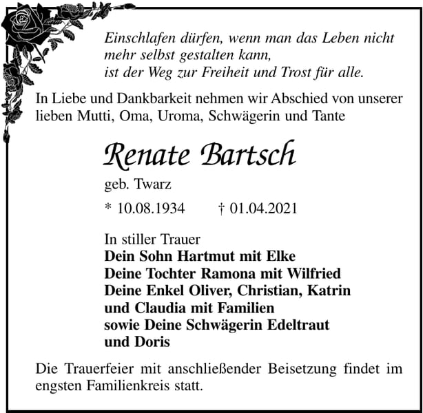 Traueranzeige Renate Bartsch, geb. Twarz