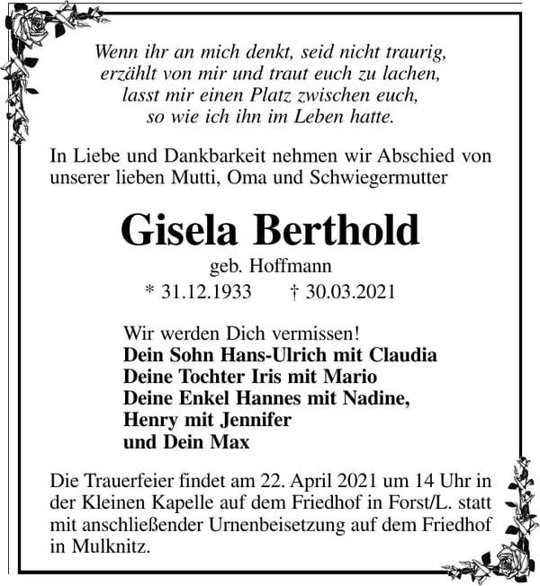 Traueranzeige Gisela Berthold, geb. Hoffmann