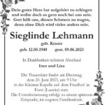 Traueranzeige Sieglinde Lehmann, geb. Krautz