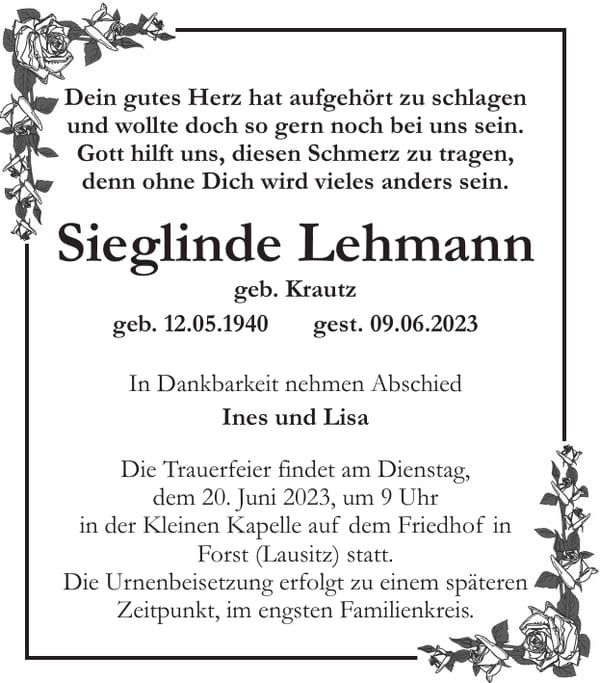 Traueranzeige Sieglinde Lehmann, geb. Krautz