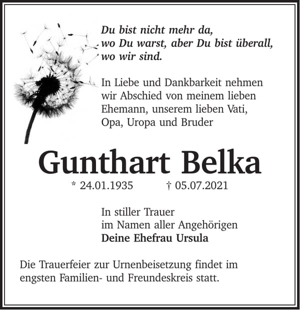 Traueranzeige Gunthart Belka