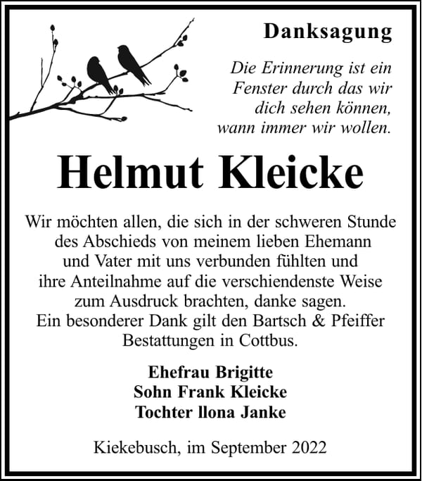 Danksagung Helmut Kleicke