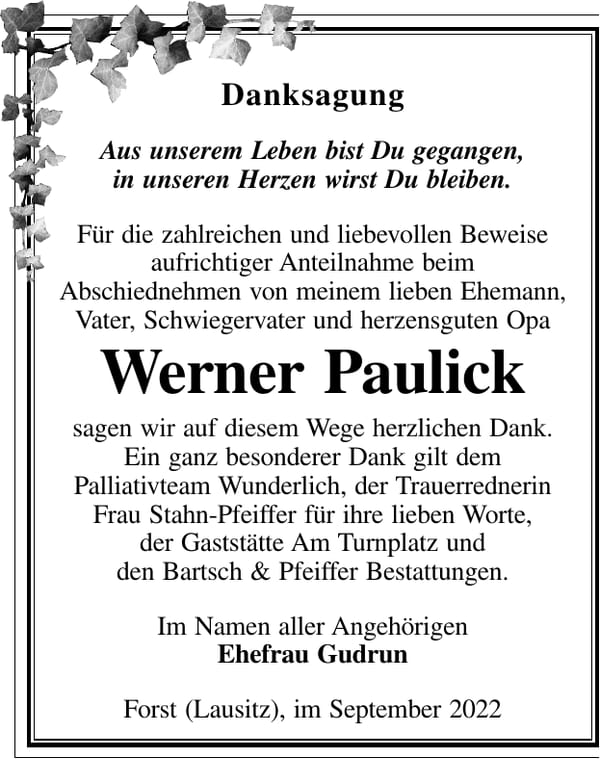 Danksagung Werner Paulick