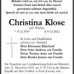 Traueranzeige Christina Klose, geb. Winkler