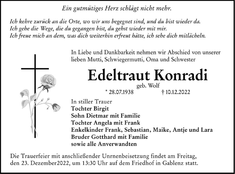 Traueranzeige Edeltraut Konradi, geb. Wolf