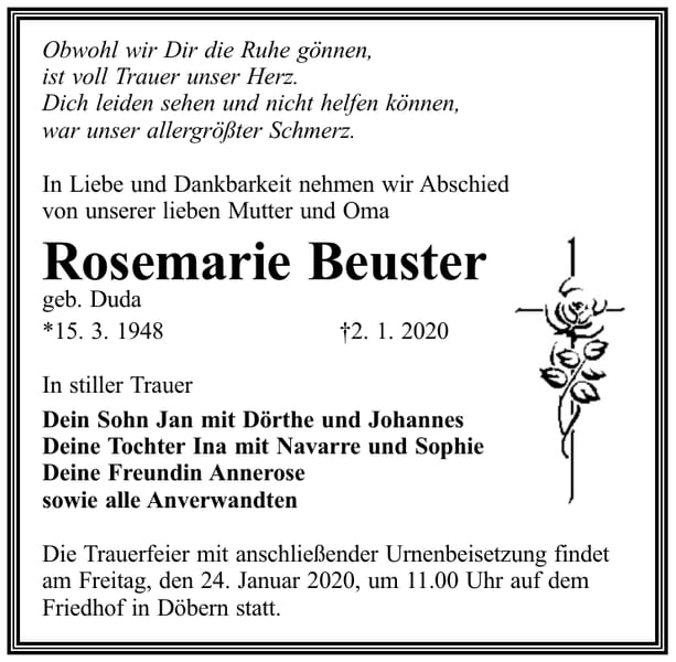 Traueranzeige Rosemarie Beuster, geb. Duda