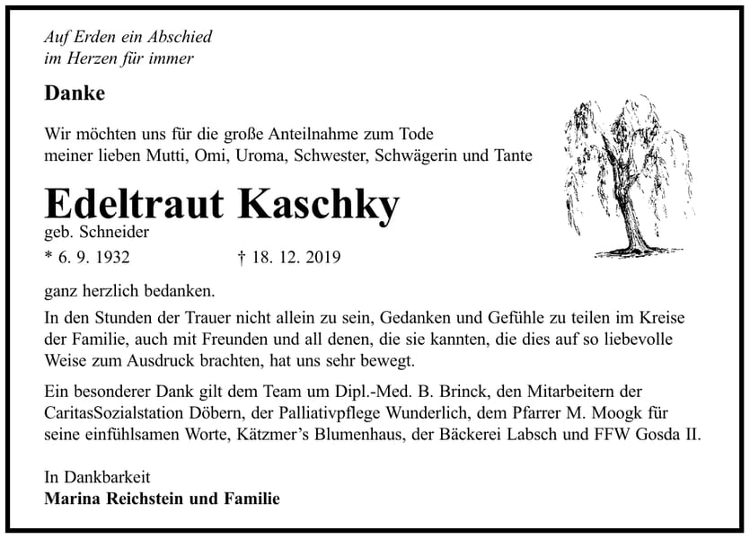 Danksagung Edeltraut Kaschky, geb. Schneider