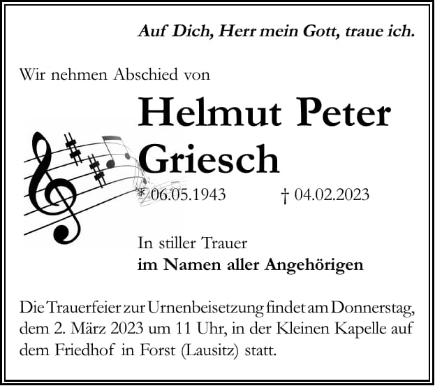 Traueranzeige Helmut Peter Griesch
