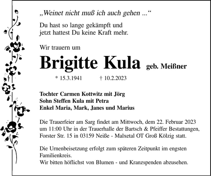 Traueranzeige Brigitte Kula, geb. Meißner