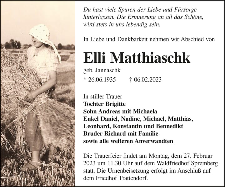 Traueranzeige Elli Matthiaschk, geb. Jannaschk
