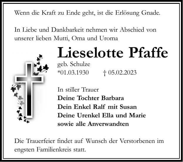 Traueranzeige Lieselotte Pfaffe, geb. Schulze