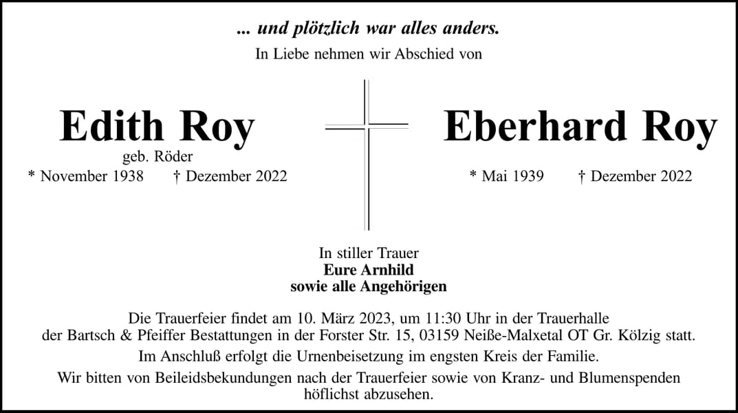 Traueranzeige Edith Roy, geb. Röder