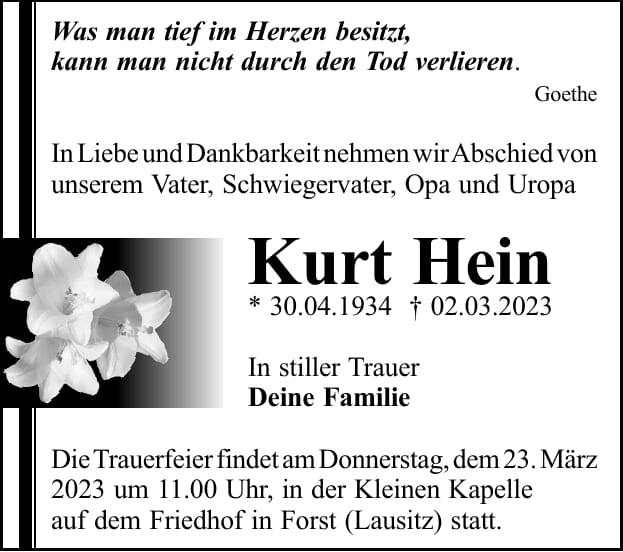 Traueranzeige Kurt Hein