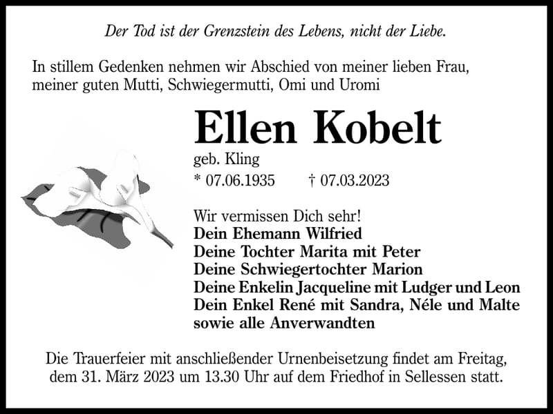 Traueranzeige Ellen Kobelt, geb. Kling