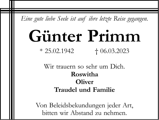 Traueranzeige Günter Primm