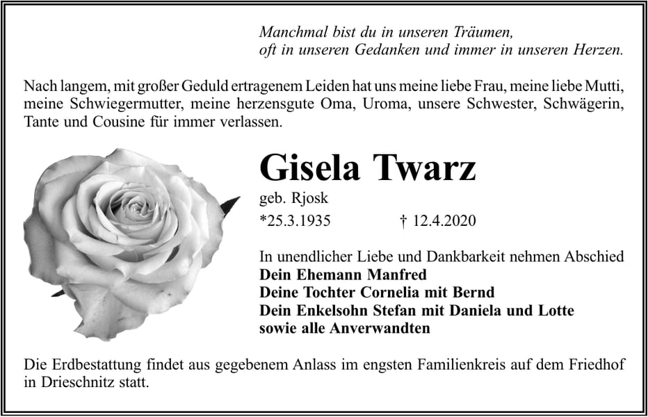 Traueranzeige Gisela Twarz, geb. Rjosk