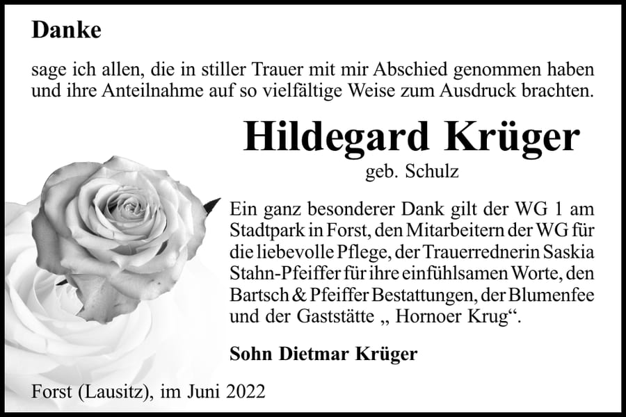 Danksagung Hildegard Krüger, geb. Schulz