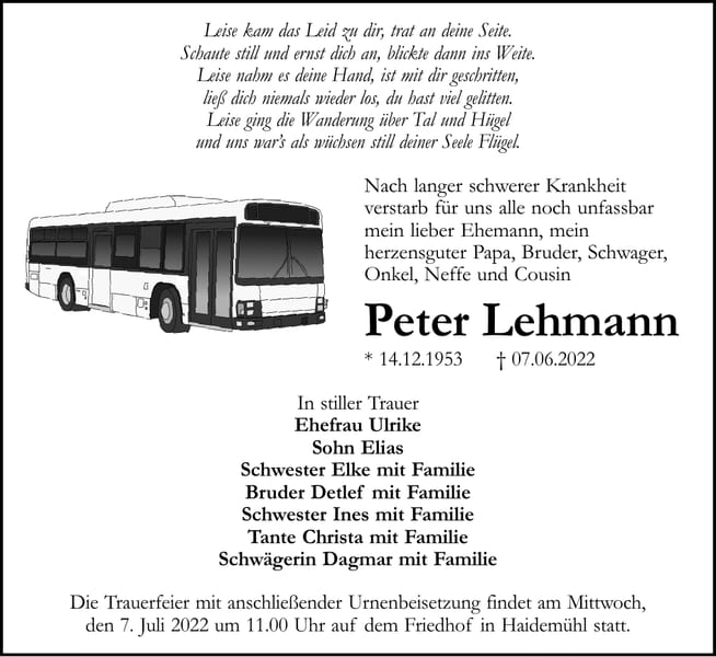 Traueranzeige Peter Lehmann