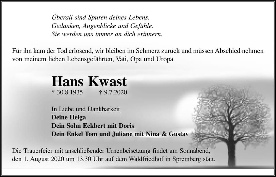 Traueranzeige Hans Kwast
